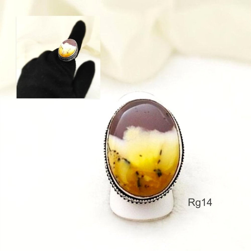 Oval Ring Dendrite Opal Gemstone Yellow Grey White